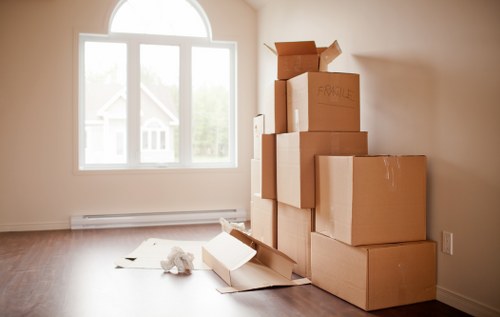 Organized storage space with labeled boxes